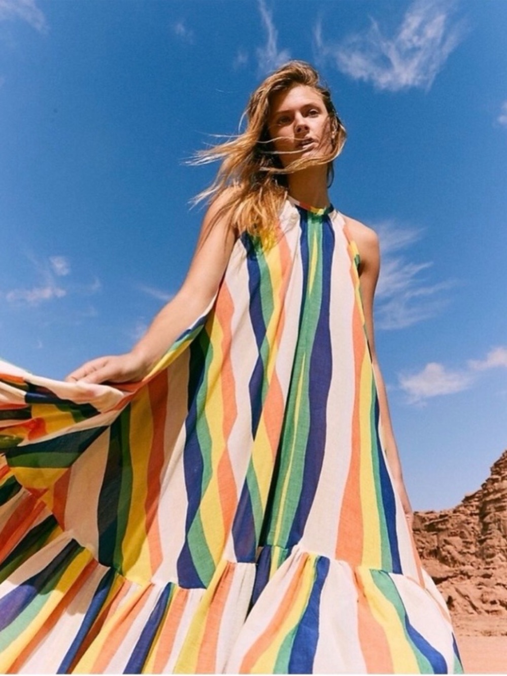WHIT x Madewell Striped Orly Dress Rainbow High Neck Ruffle Maxi Small